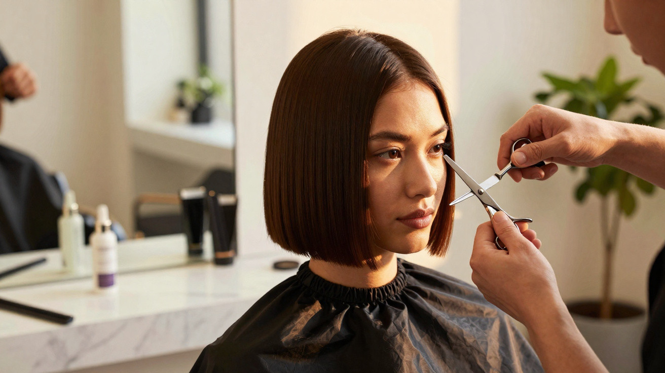 Mulher com cabelo curto sendo cortado por cabeleireiro em salão iluminado natural.