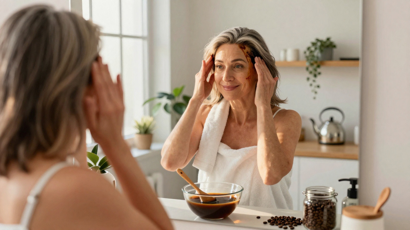 Mulher madura aplicando máscara facial de café enquanto se olha no espelho do banheiro.