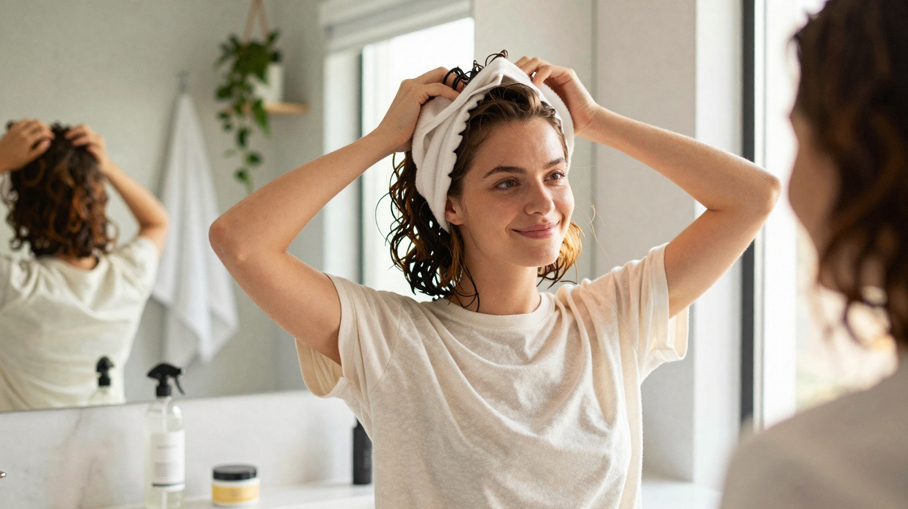 Mulher sorrindo seca o cabelo com uma toalha branca em frente ao espelho do banheiro.