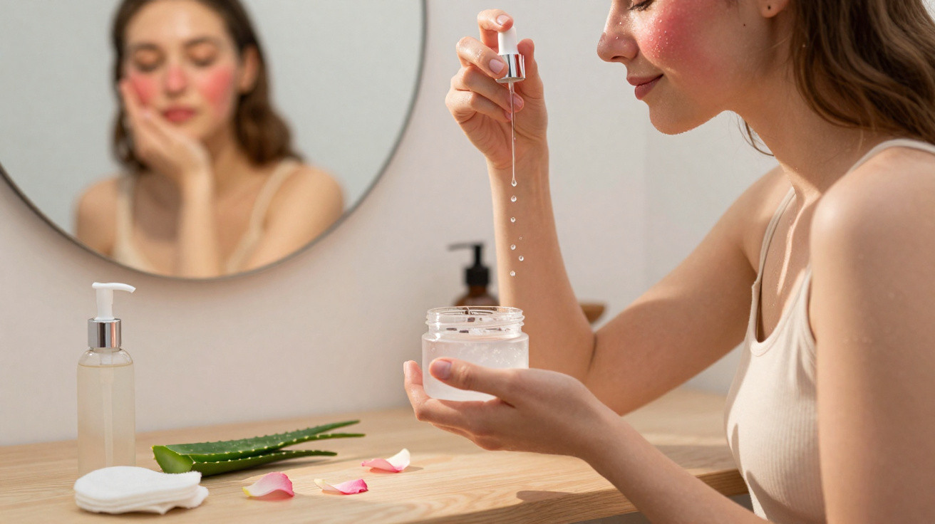 Mulher aplicando sérum facial com conta-gotas em pele, com espelho e aloe vera ao fundo.