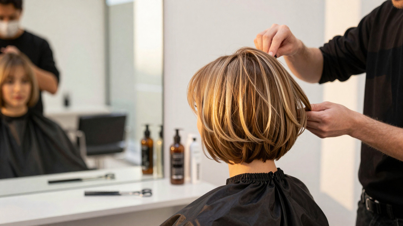 Pessoa sentada em salão de beleza com cabelo curto sendo arrumado por cabeleireiro.