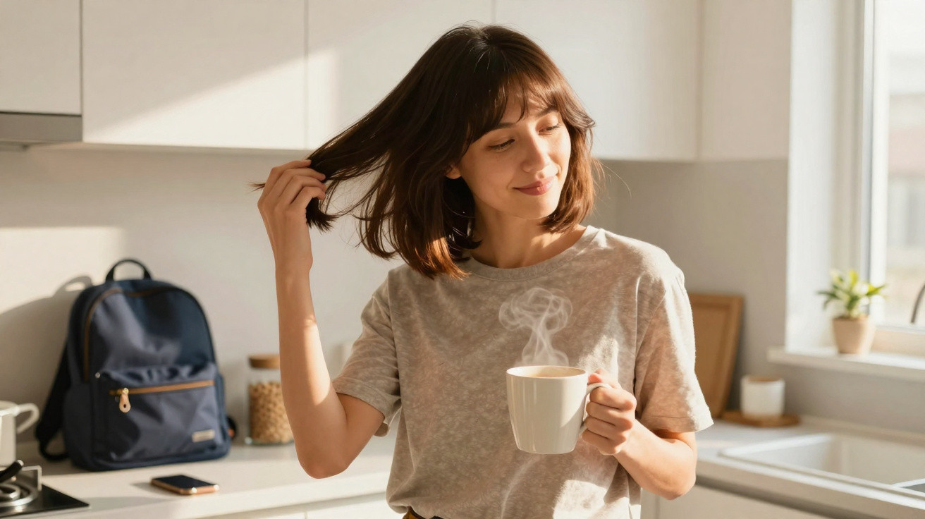 Mulher em cozinha iluminada puxando o cabelo com uma mão e segurando uma xícara quente com a outra.