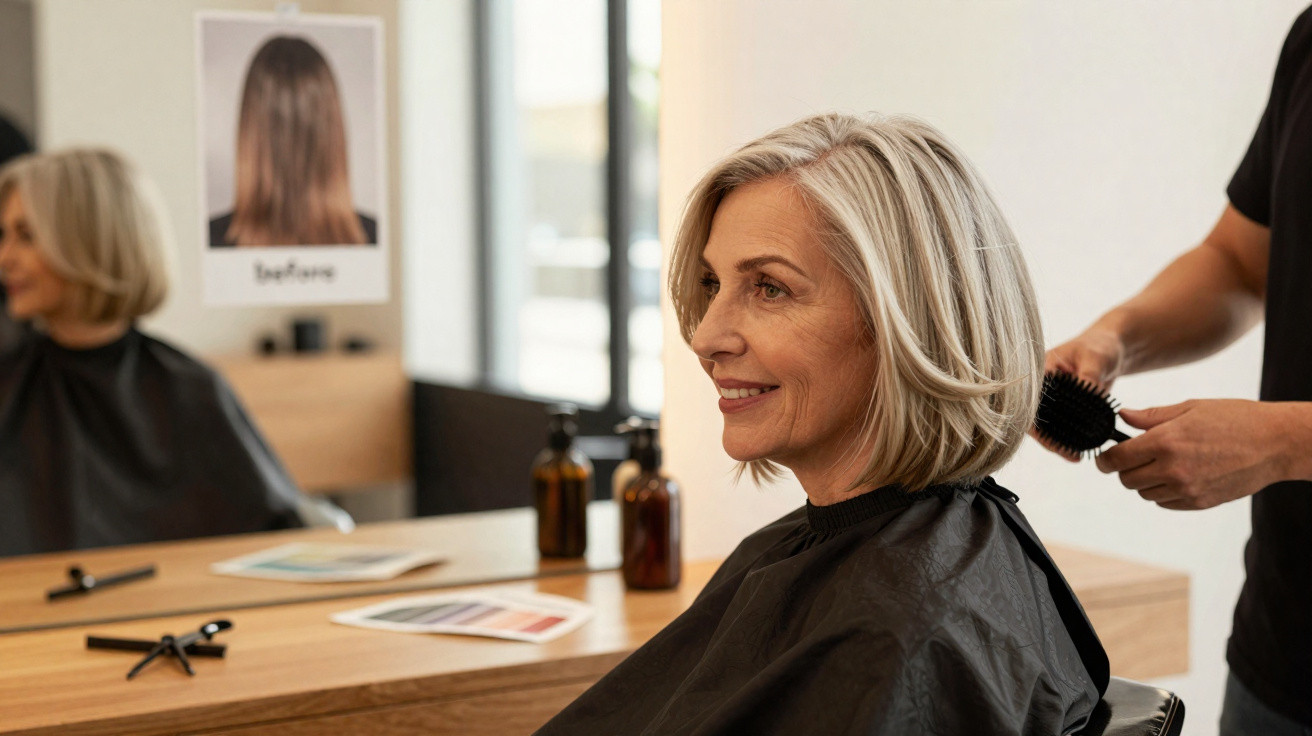 Mulher sorridente com cabelo loiro curto sendo penteada em salão de beleza moderno.