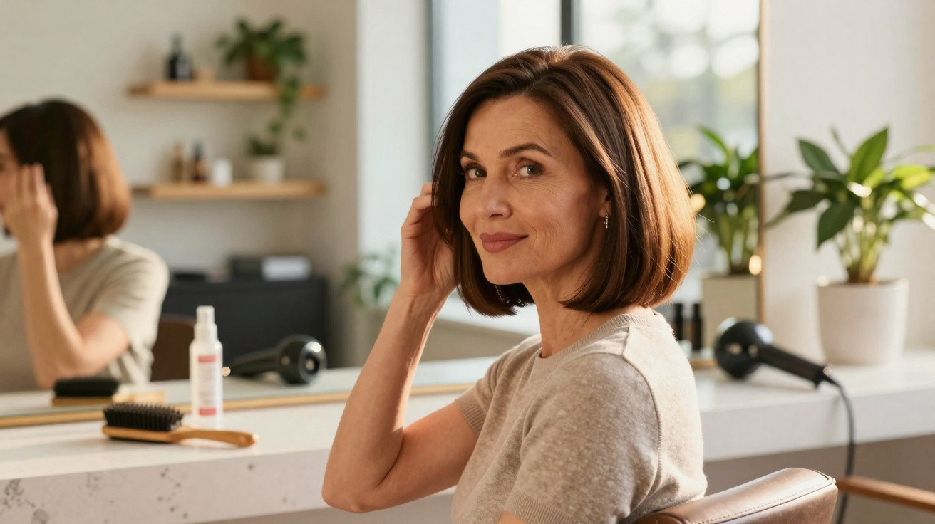 Mulher sorridente com cabelo curto castanho, sentada em cadeira de salão de beleza em ambiente iluminado.