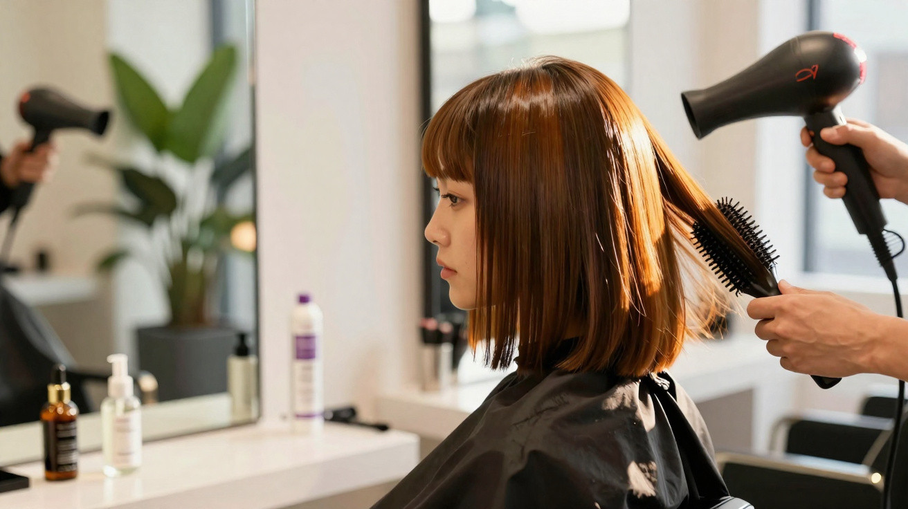Mulher com cabelo curto sendo seca e escovada por cabeleireiro em salão de beleza.