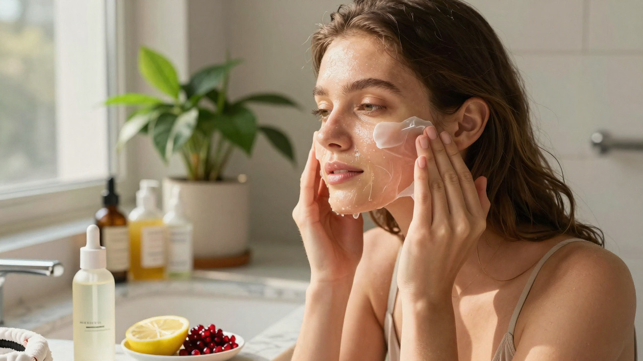 Mulher aplicando máscara facial transparente em ambiente claro, com produtos de skincare ao fundo.