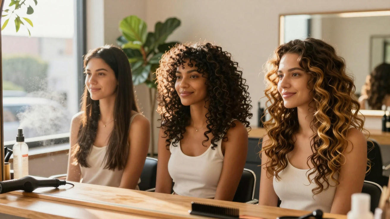 Três mulheres com cabelos diferentes sentadas lado a lado em salão de beleza, olhando pelo espelho.
