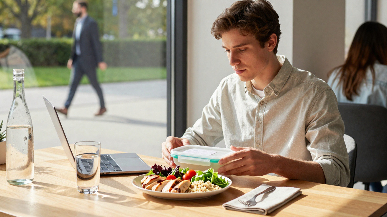 Homem sentado à mesa com notebook, preparando refeição em pote ao lado de prato com salada e água.