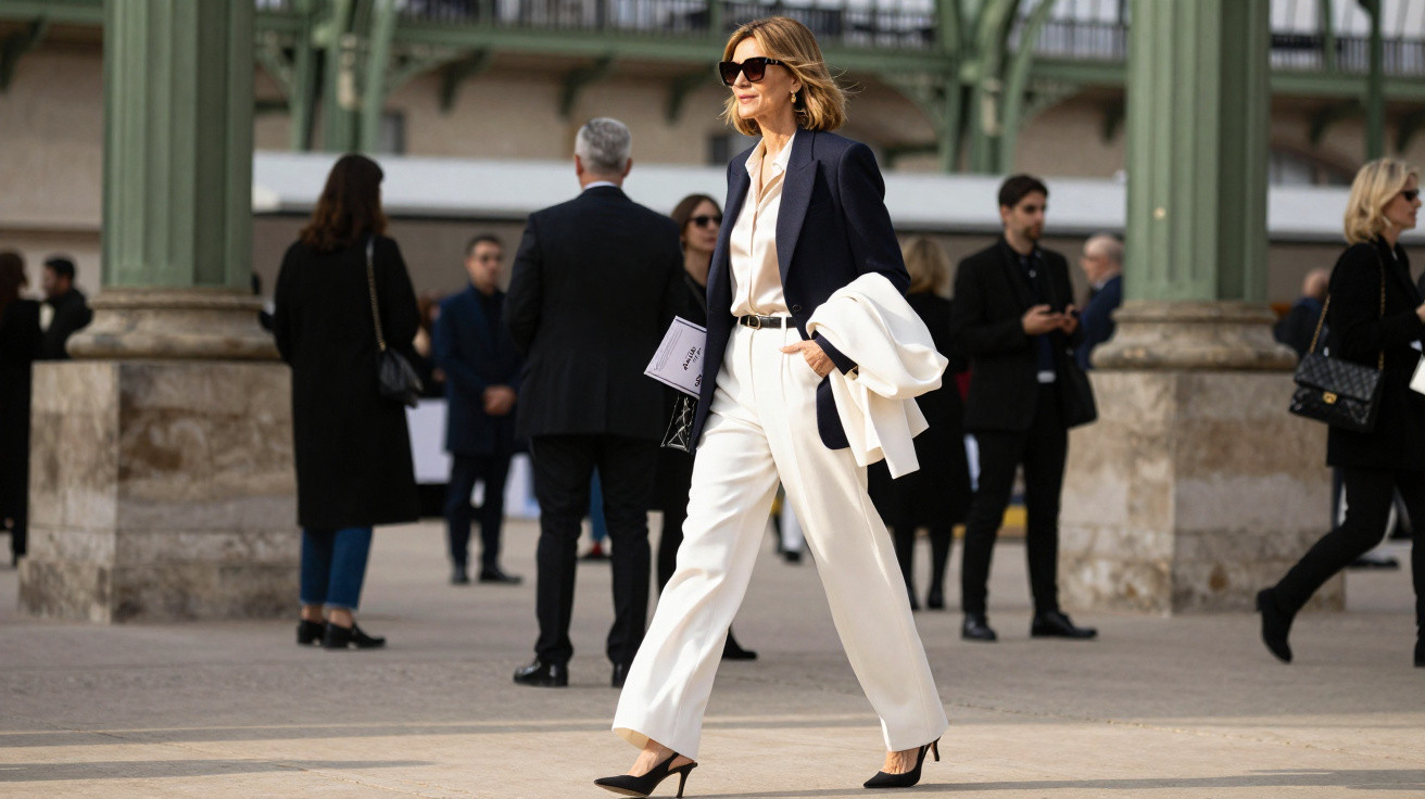Mulher elegante com terno branco e blazer azul caminhando em área urbana com várias pessoas ao fundo.