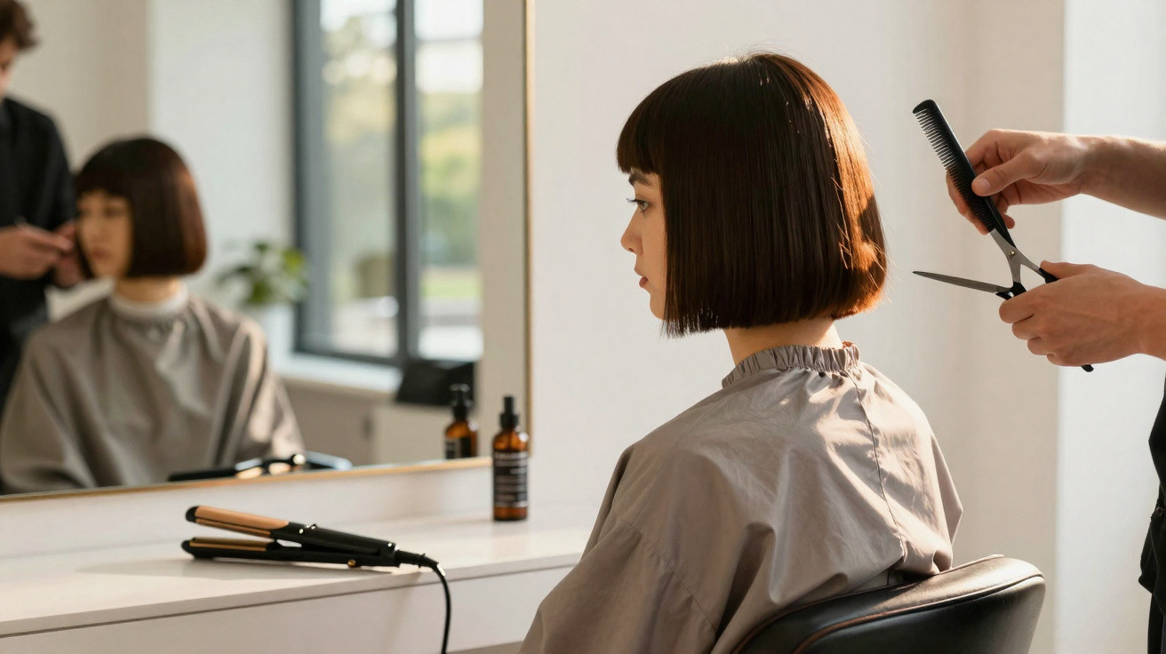 Mulher com cabelo curto e reto sentada em salão, prestes a cortar o cabelo com tesoura na mão do cabeleireiro.