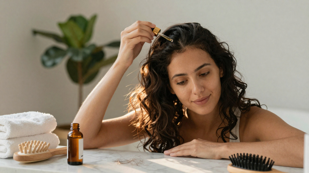 Mulher aplicando óleo capilar nas raízes do cabelo, ao lado de toalhas e escovas sobre a mesa.