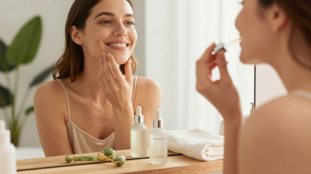 Mulher sorrindo aplicando sérum facial enquanto se olha no espelho em ambiente iluminado e aconchegante.