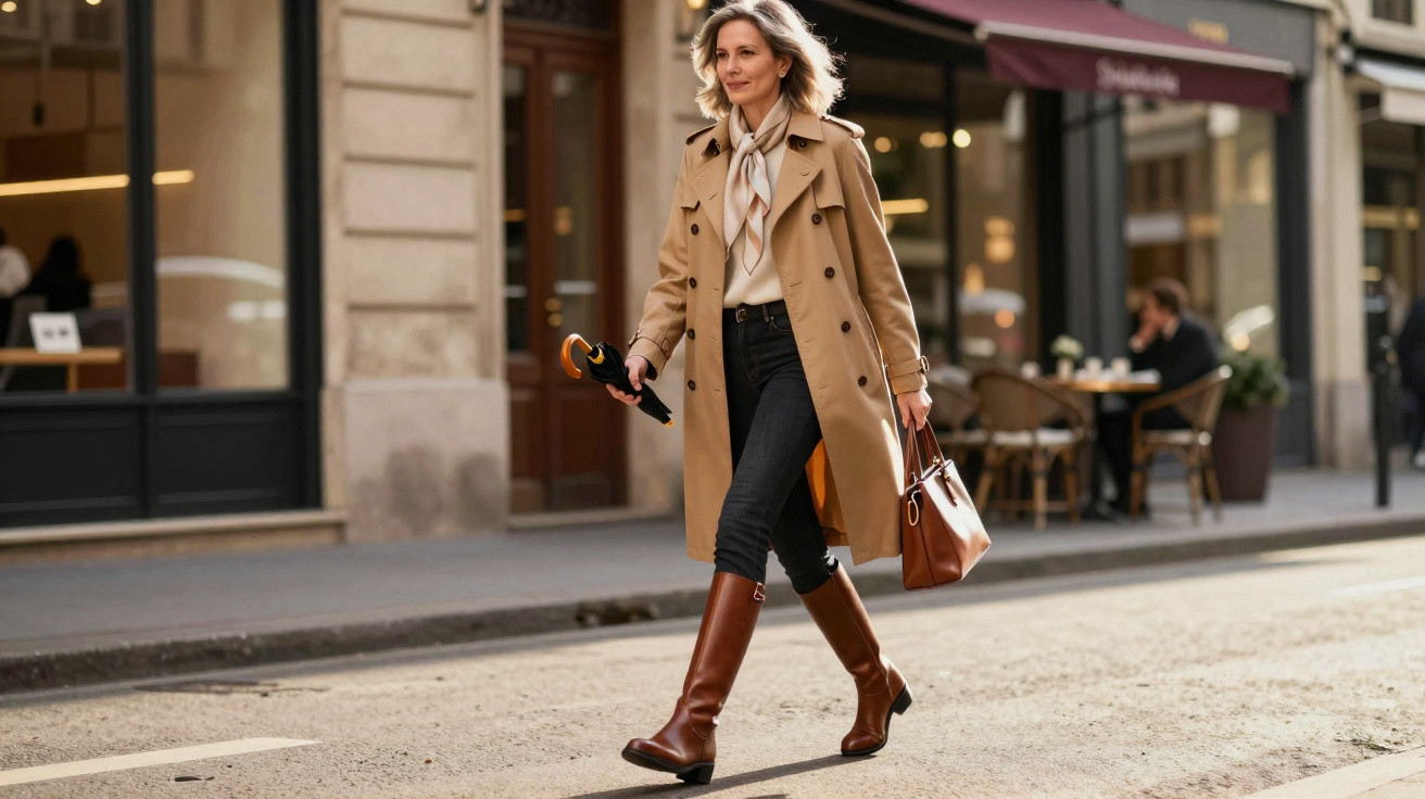 Mulher elegante de casaco bege, botas marrons, segurando bolsa e guarda-chuva caminhando na rua urbana.