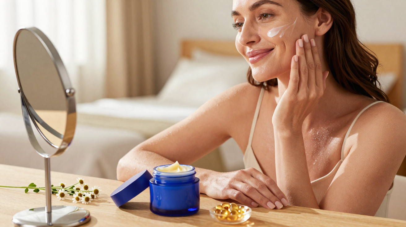 Mulher aplicando creme no rosto sentada à mesa com espelho e frasco de creme azul ao lado.