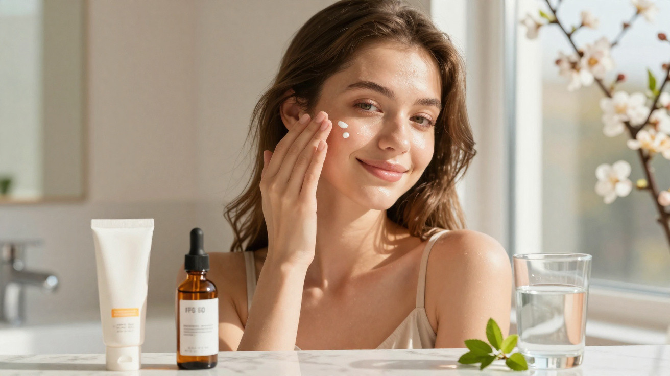 Mulher aplicando creme facial, com produtos de cuidados e copo d'água sobre bancada clara.
