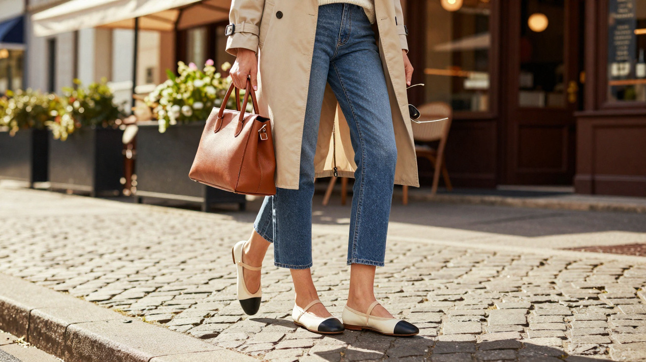 Pessoa caminhando com trench coat bege, jeans azul, sapatilhas e bolsa marrom em calçada de pedras.