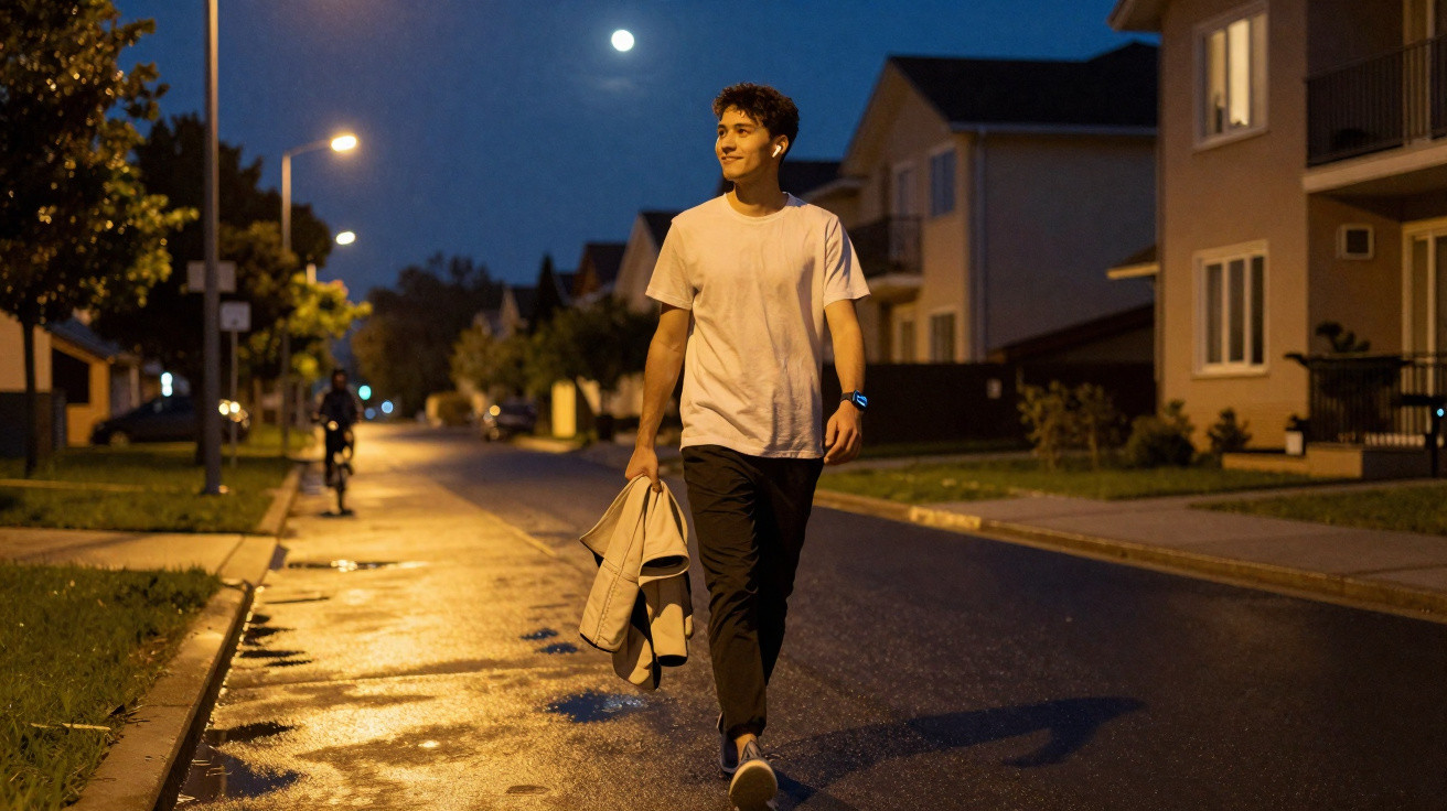 Homem jovem caminhando à noite na rua iluminada pela lua e postes, segurando uma jaqueta na mão.