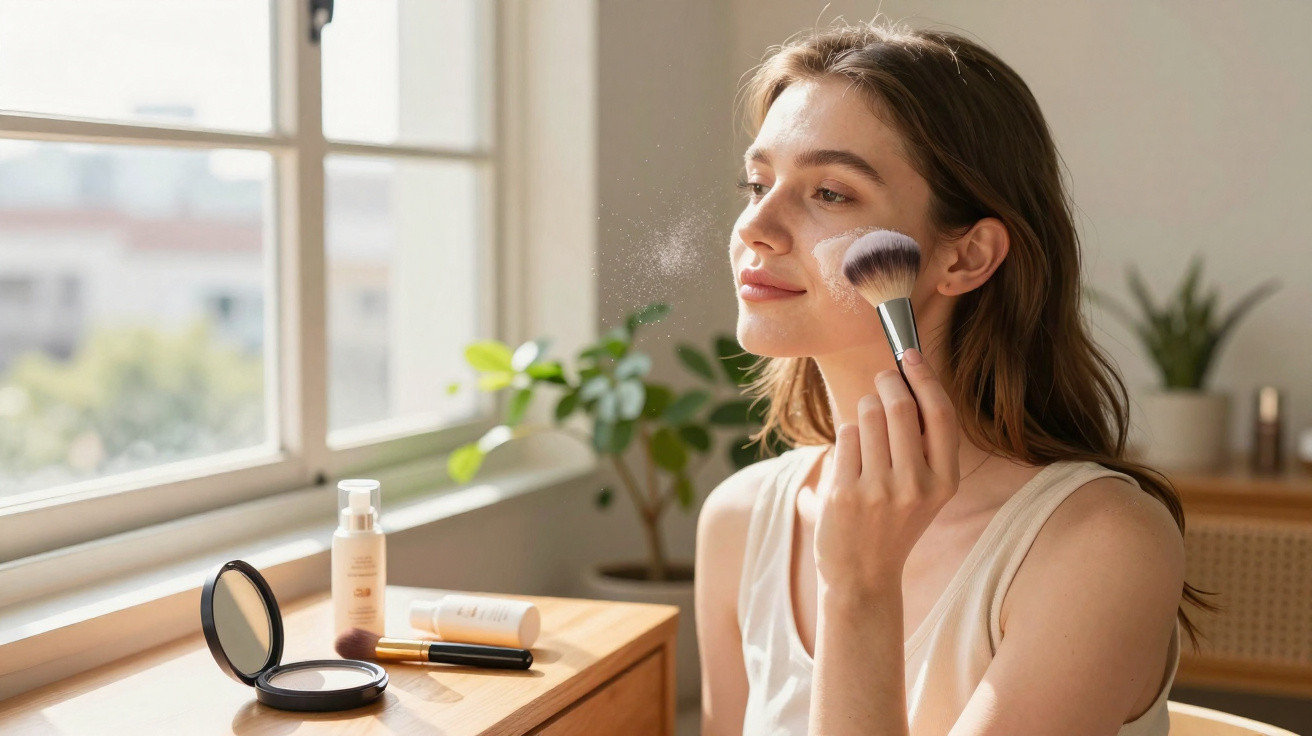 Mulher aplicando pó facial com pincel em ambiente iluminado por luz natural perto de janela.