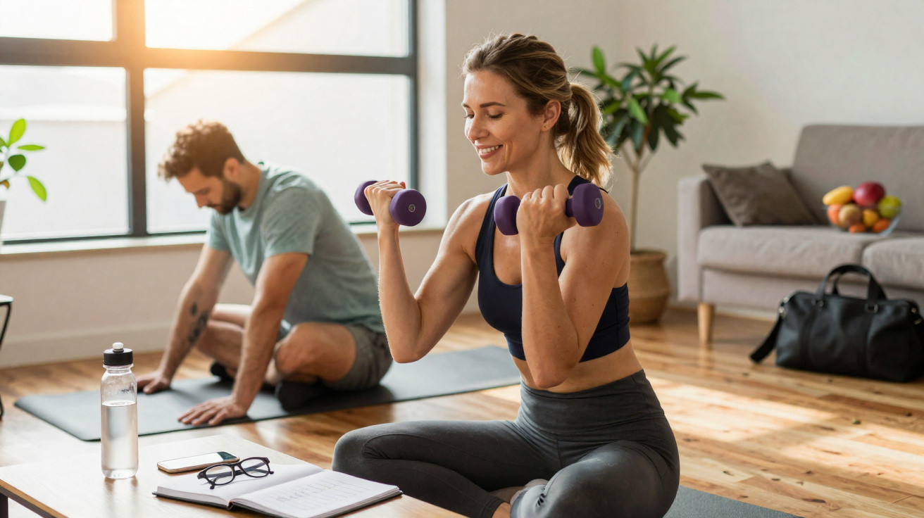 Mulher sorrindo faz exercício com halteres enquanto homem se alonga em tapete de yoga em sala iluminada.