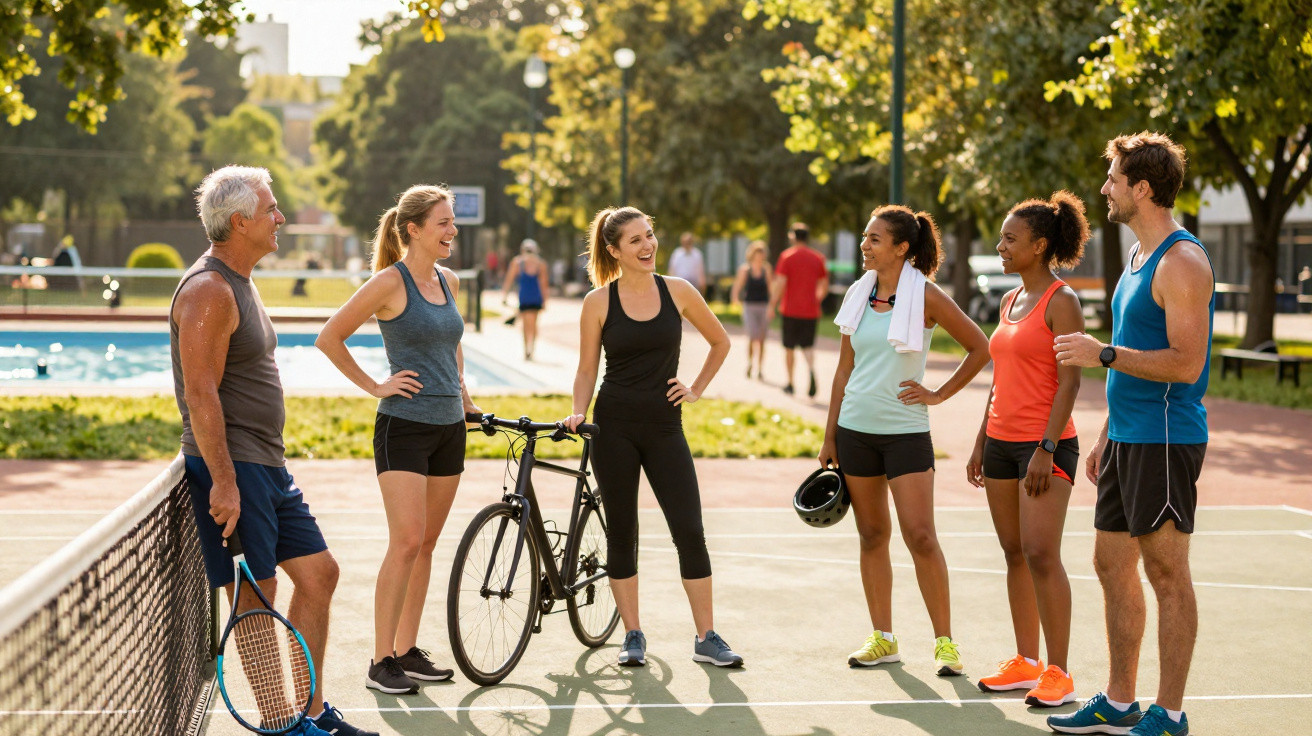 Grupo diverso de cinco adultos conversando em quadra de tênis em dia ensolarado, com bicicleta e raquete.