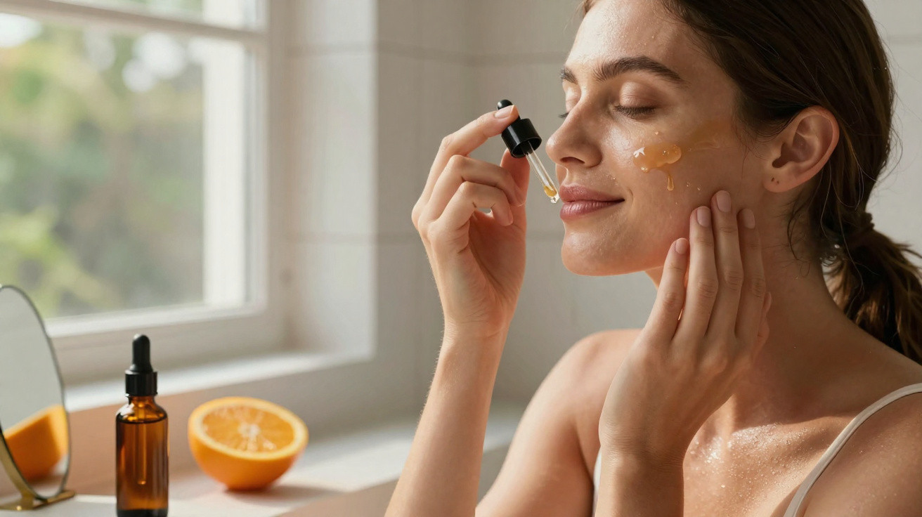 Mulher aplicando sérum facial com conta-gotas, com metade de uma laranja e espelho ao fundo.