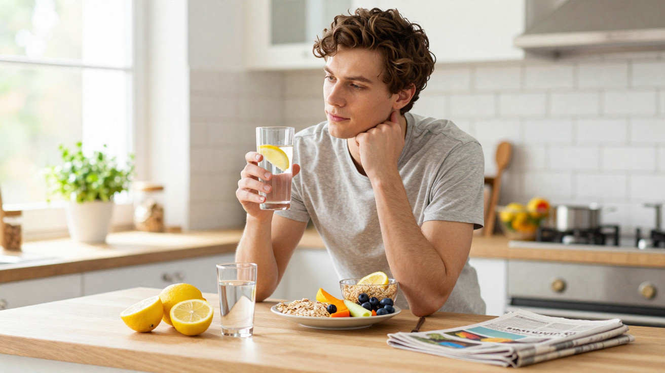 Homem sentado à mesa na cozinha, segurando copo com água e limão, com prato de frutas e jornal ao lado.