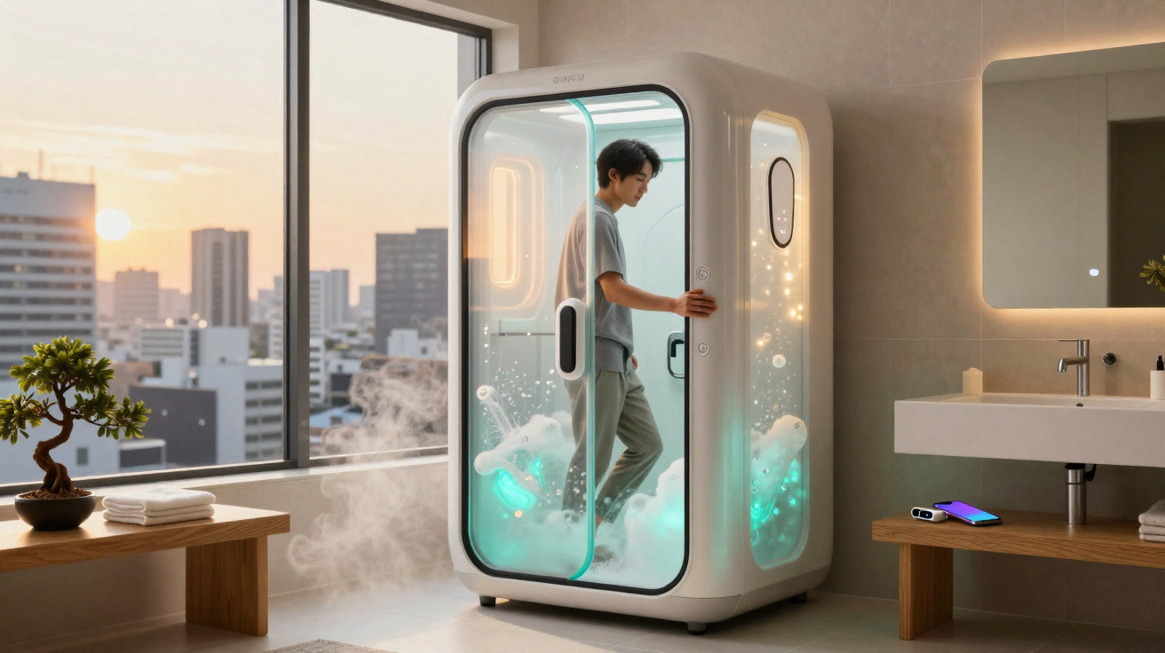 Pessoa dentro de cabine futurista iluminada e fumegante em banheiro moderno com vista para cidade ao pôr do sol.
