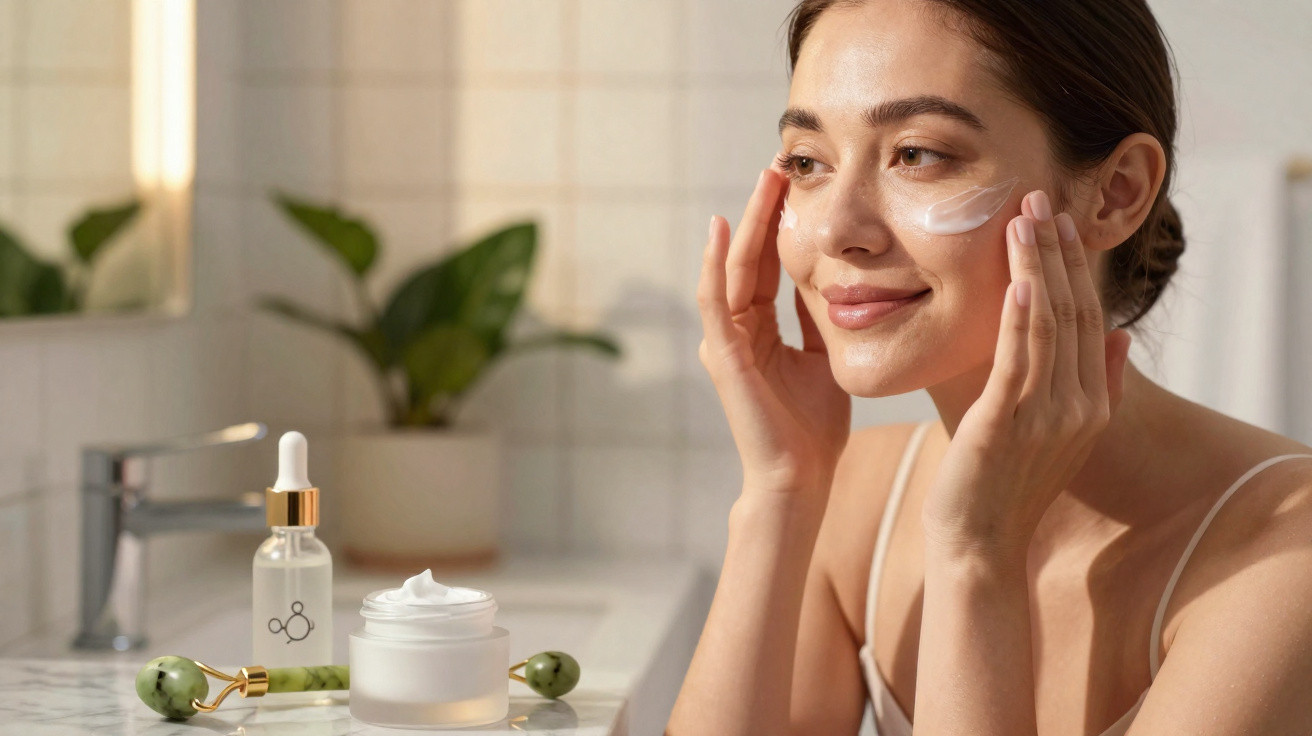 Mulher aplicando creme facial em ambiente claro com frascos de cosméticos e rolo massageador ao lado.