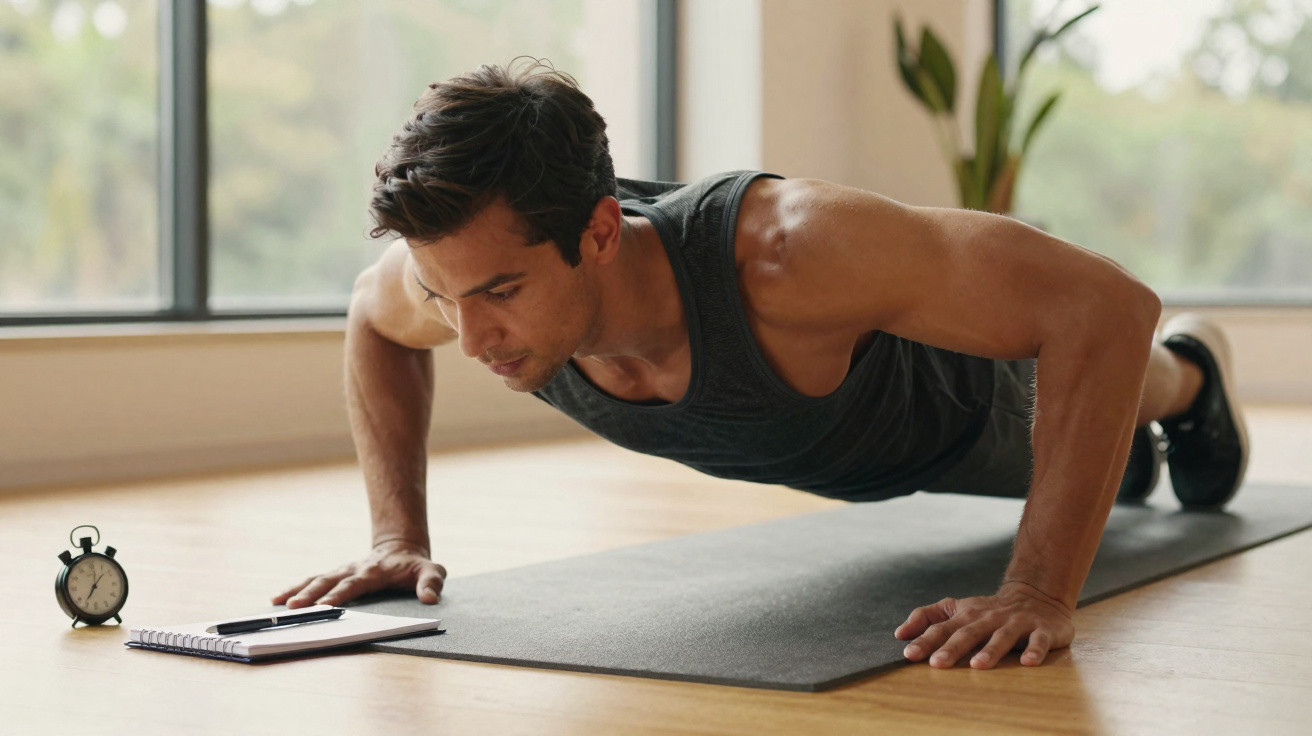 Homem fazendo flexão no chão em tapete de yoga, olhando para cronômetro e caderno.