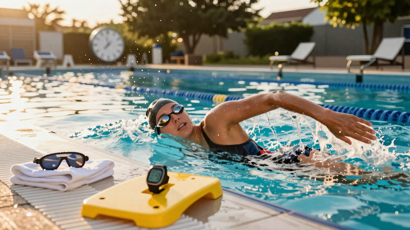Mulher nadando estilo livre em piscina externa com óculos de natação e touca, próximo a relógio e óculos.