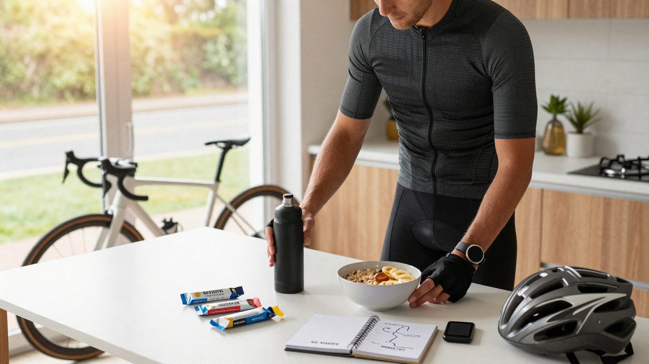 Ciclista com roupa esportiva prepara lanche saudável na cozinha, com bicicleta e capacete ao fundo.