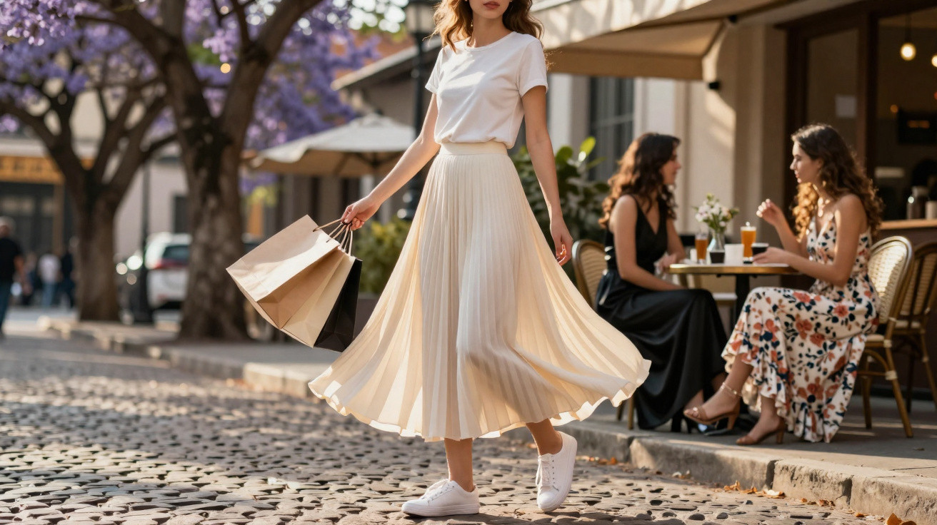 Mulher com saia plissada branca e camiseta caminhando na rua com sacolas de compras.