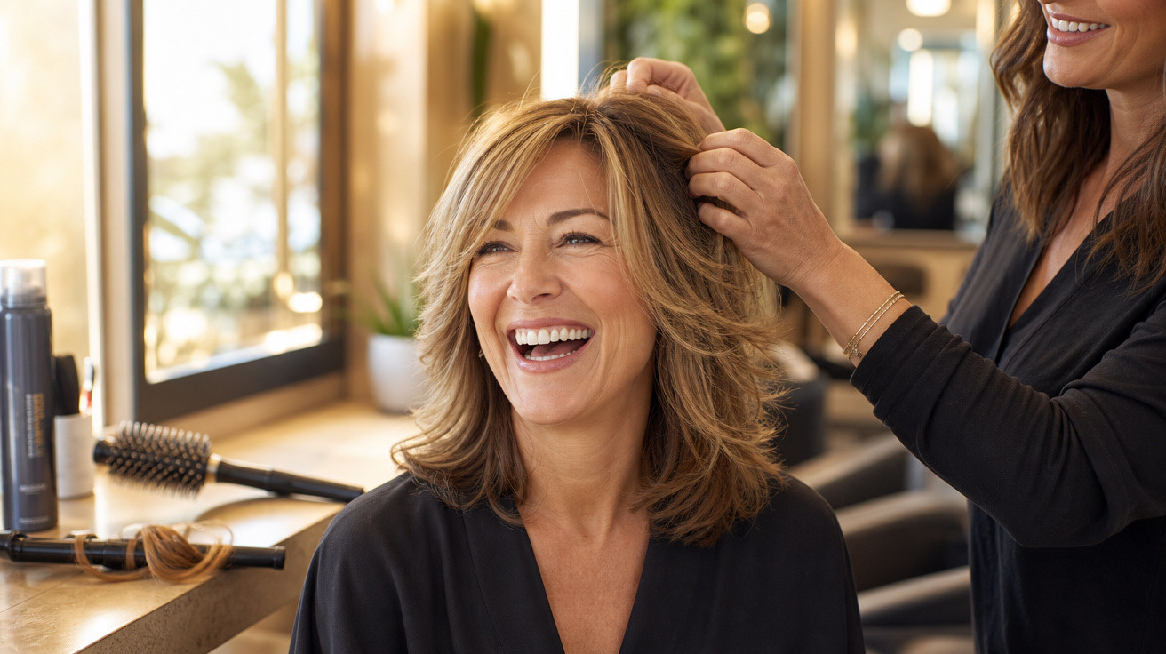 Mulher sorridente recebendo penteado em salão de beleza com luz natural e produtos ao fundo.