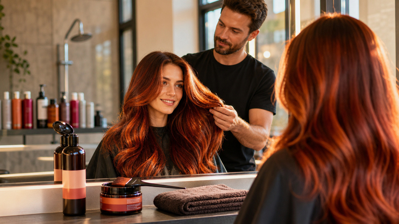Cabeleireiro modela cabelo ruivo de mulher na frente de espelho em salão moderno.