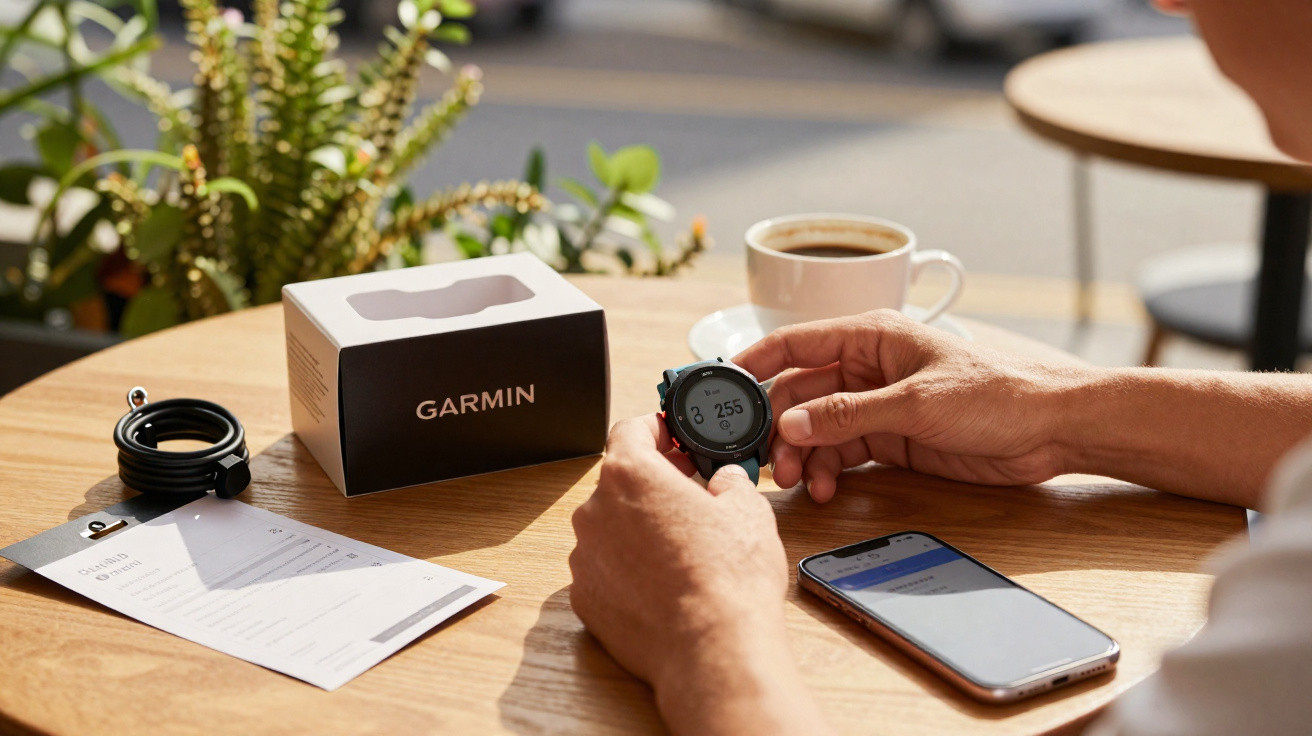 Pessoa ajustando relógio Garmin em mesa com caixa, manual, carregador, celular e xícara de café.