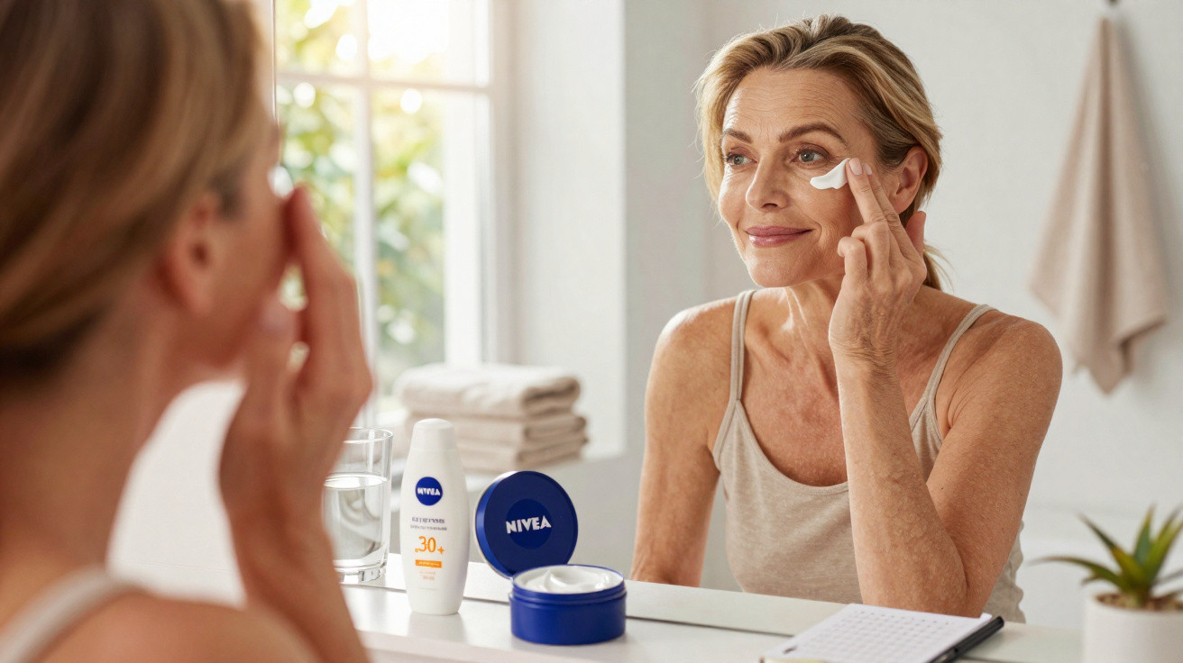 Mulher madura aplica creme facial em frente ao espelho com produtos Nivea sobre a bancada do banheiro.