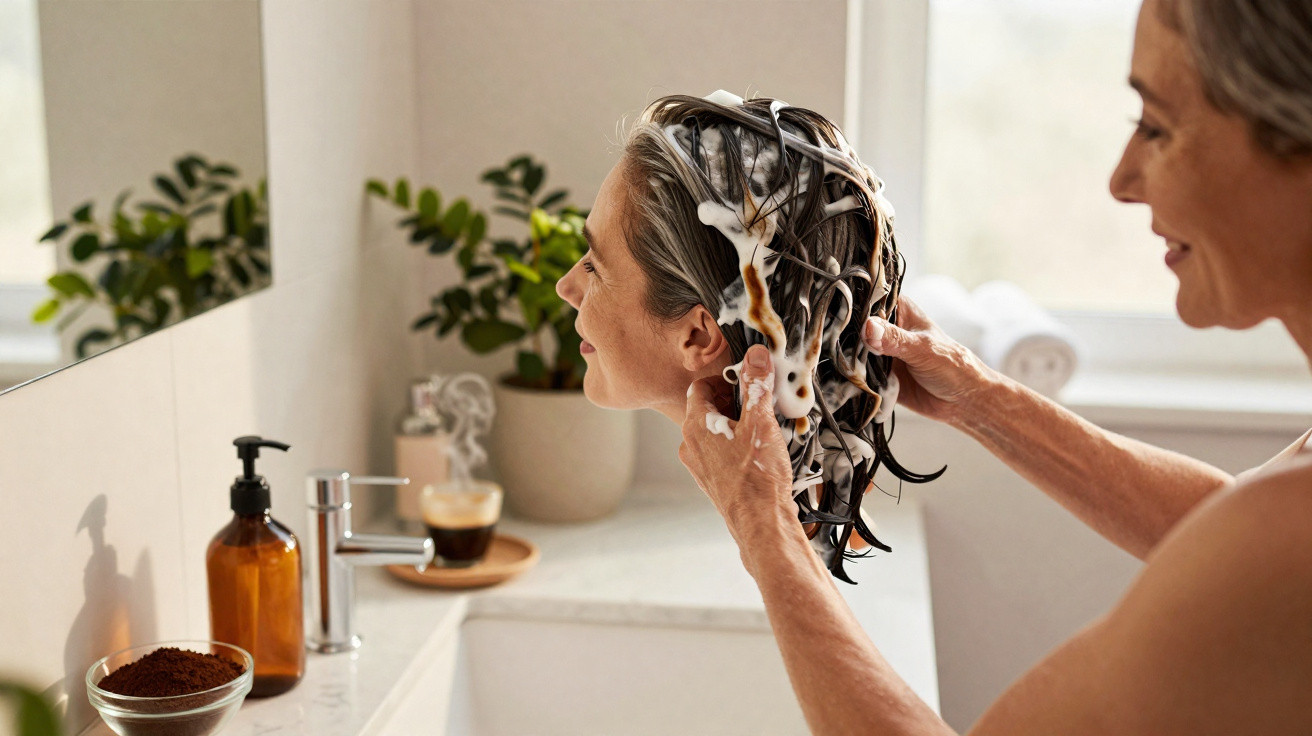 Pessoa lavando o cabelo com espuma de shampoo em banheiro iluminado com plantas ao fundo.