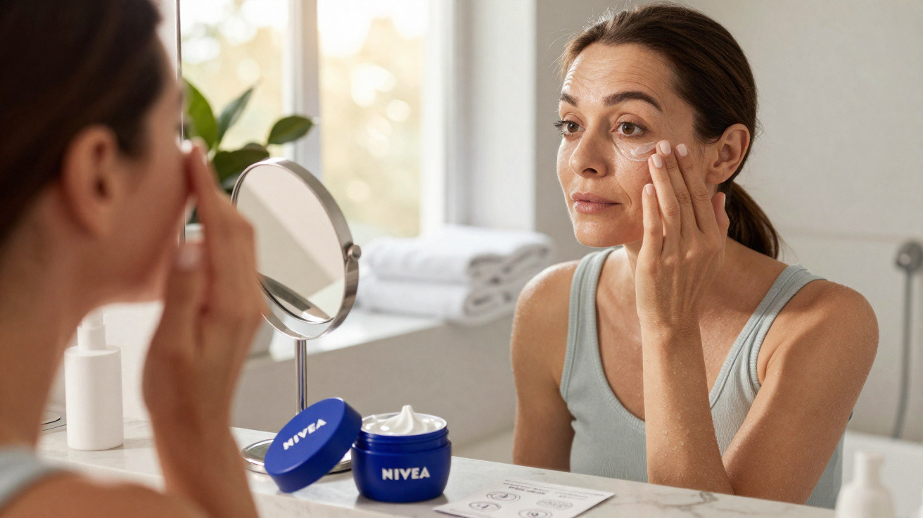 Mulher aplicando creme facial anti-idade perto do espelho no banheiro com creme Nivea aberto.