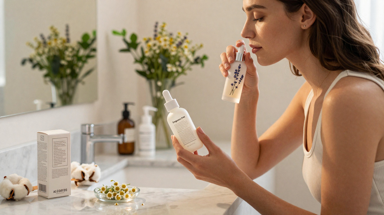 Mulher cheira perfume em frasco de vidro no banheiro com plantas e produtos de skincare no balcão.