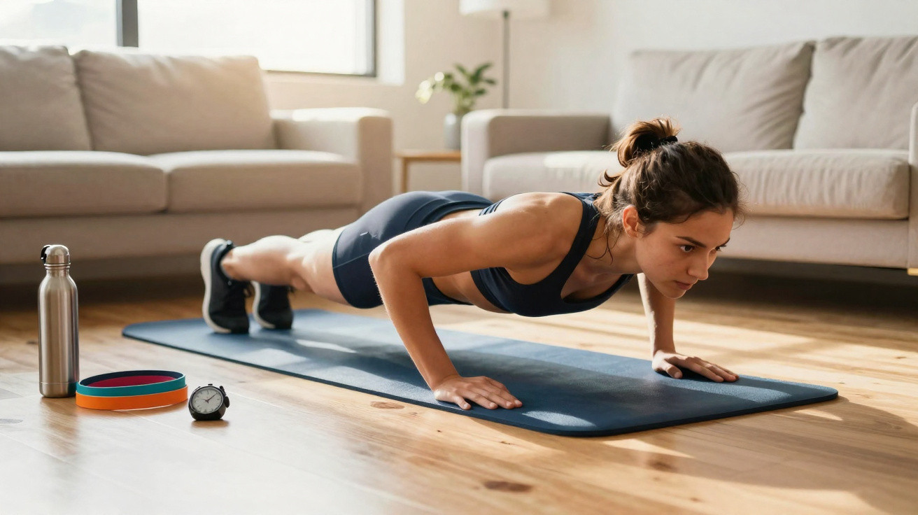 Mulher fazendo flexão apoiada em tapete de exercícios em sala de estar iluminada natural.
