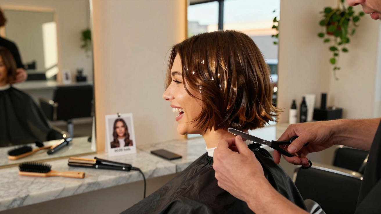 Mulher sorridente cortando cabelo curto em salão de beleza com pente e tesoura nas mãos do cabeleireiro.