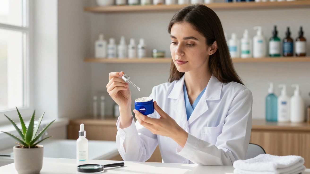 Mulher em jaleco segurando frasco azul de creme e aplicando óleo facial com conta-gotas em ambiente clínico.