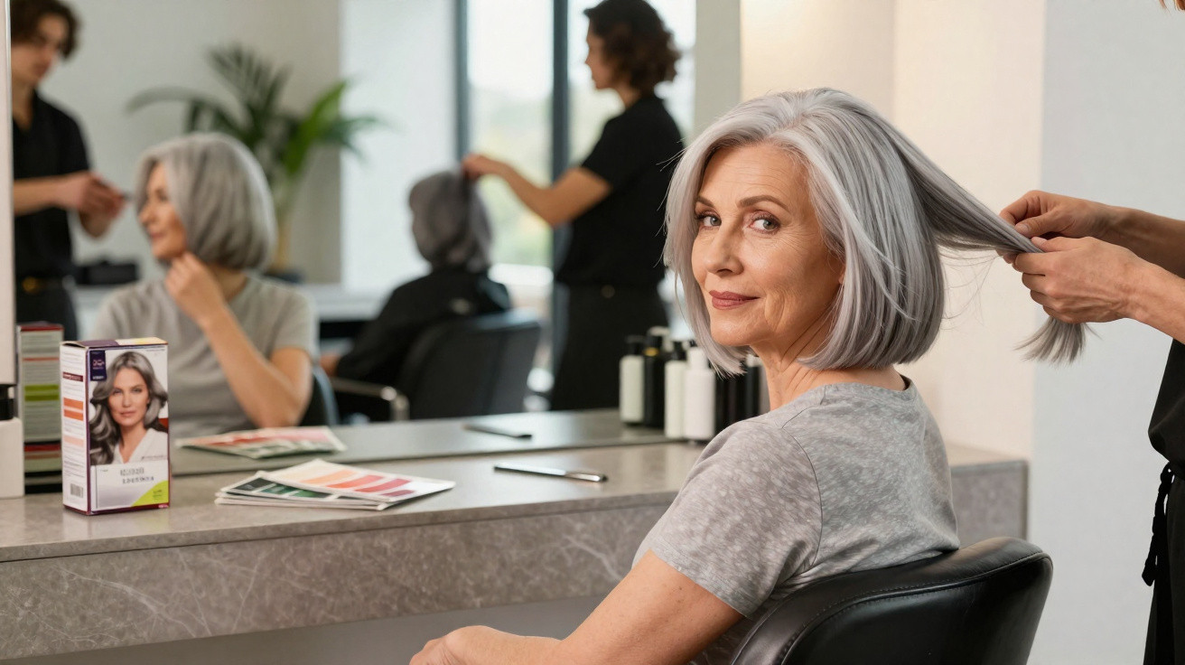 Mulher com cabelo grisalho sentada em salão de beleza, profissional penteando seu cabelo.