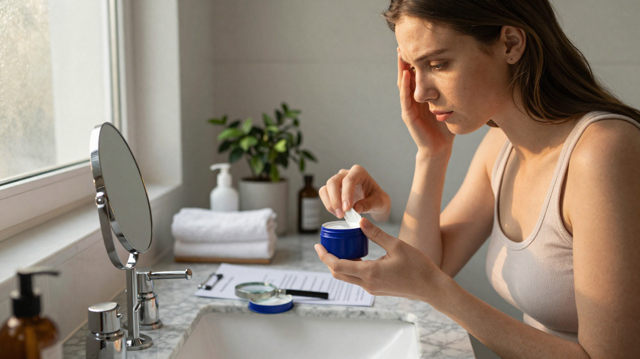 Mulher com expressão preocupada aplicando creme no rosto em banheiro iluminado por janela.