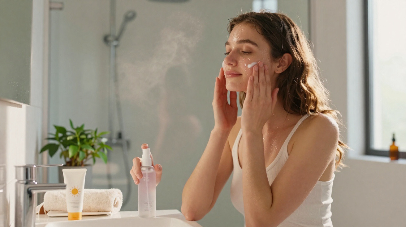 Jovem aplicando hidratante facial em banheiro iluminado, demonstrando cuidados pessoais na pele.