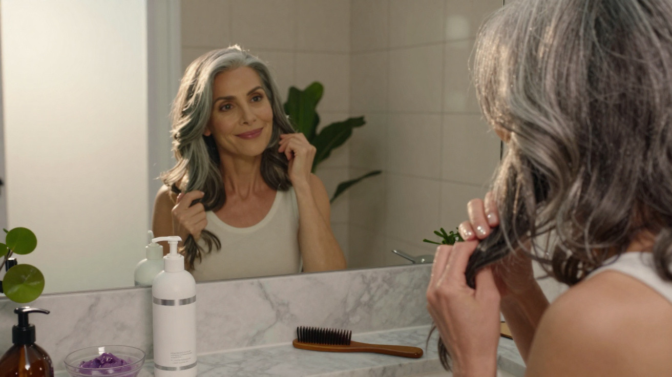 Mulher de cabelos grisalhos penteando o cabelo em frente ao espelho no banheiro.