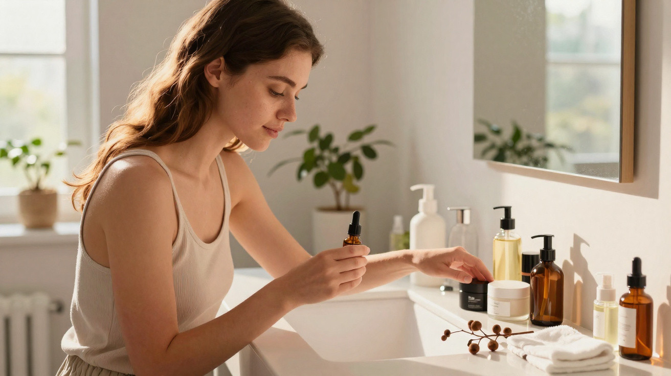 Jovem aplicando sérum facial em um banheiro iluminado, com vários frascos de skincare sobre a pia.