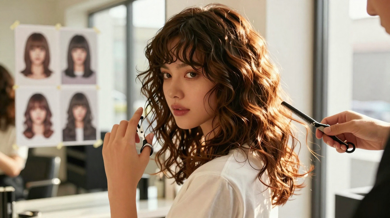 Mulher com cabelo cacheado e castanho em salão de beleza, segurando tesoura, sendo preparada para corte.