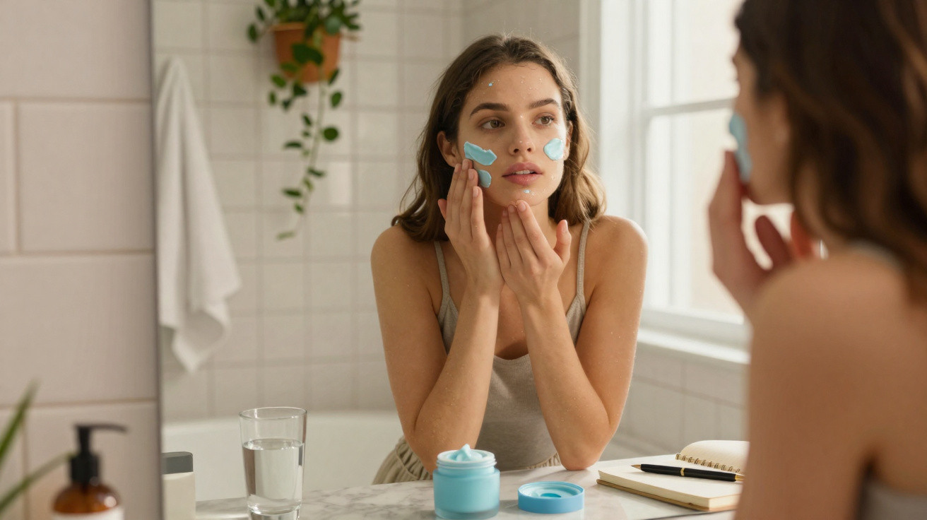 Mulher aplicando creme facial azul no rosto em frente ao espelho no banheiro iluminado.