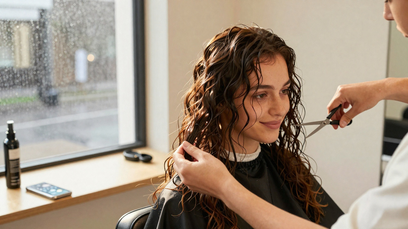 Mulher sorrindo em cabelo molhado recebe corte em salão com janela e produtos ao fundo.
